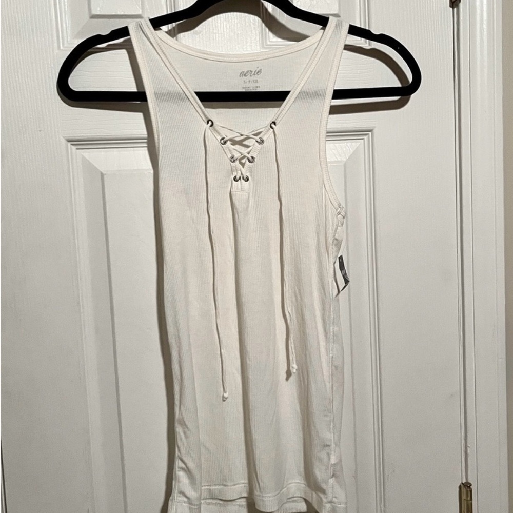 aerie Cream Lace-Up Ribbed Tank Top